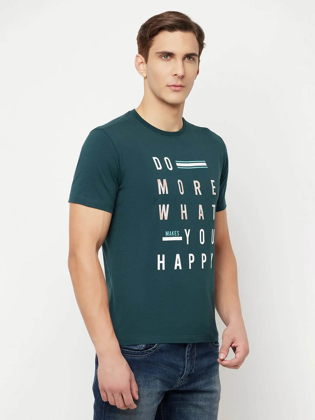 Men's Bottle Green Round neck Half Sleeve T-Shirt with Typographic print