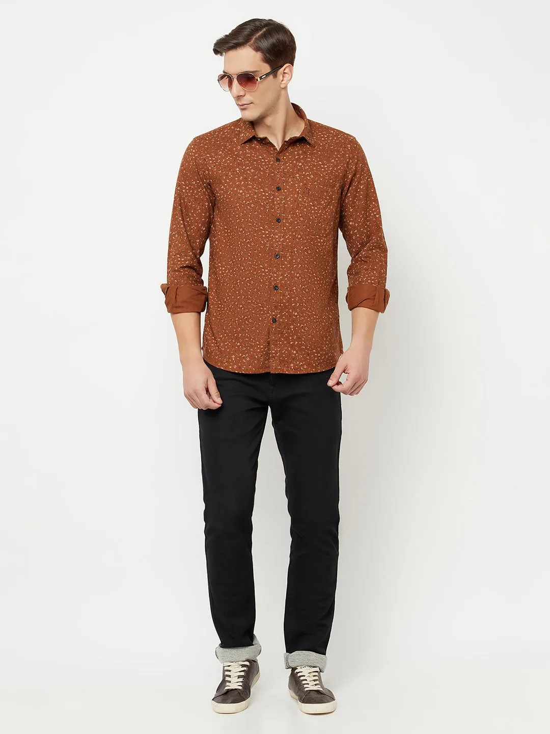 Men's Brown Casual Floral Ditsy Print Full Sleeve Shirt