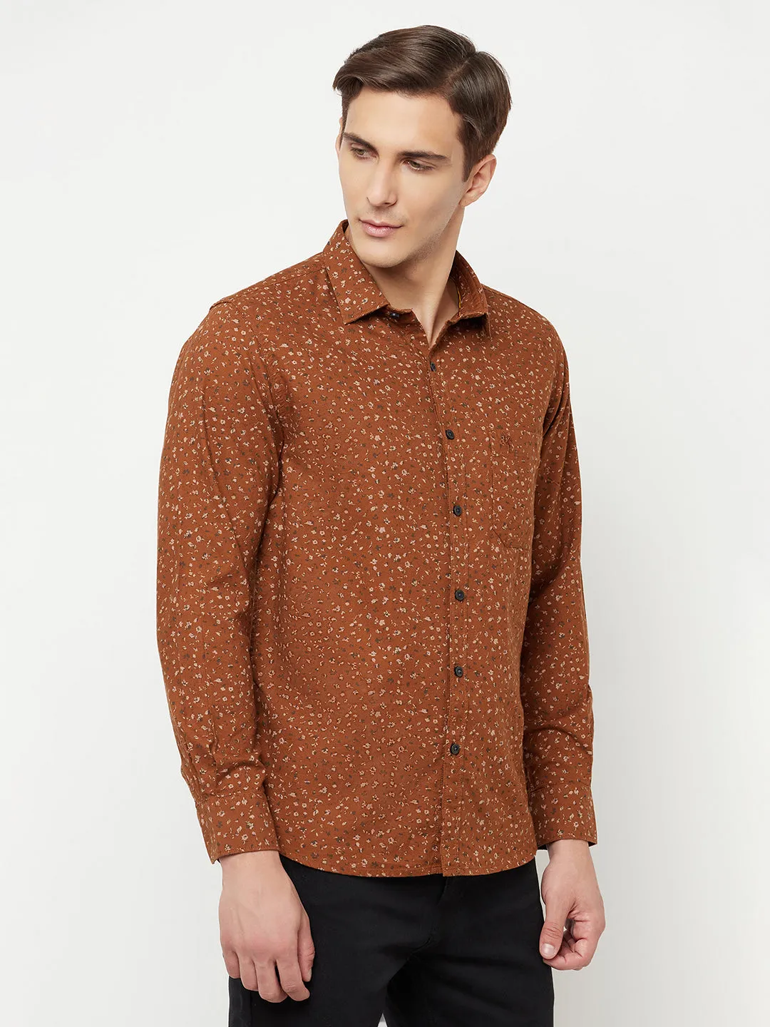 Men's Brown Casual Floral Ditsy Print Full Sleeve Shirt