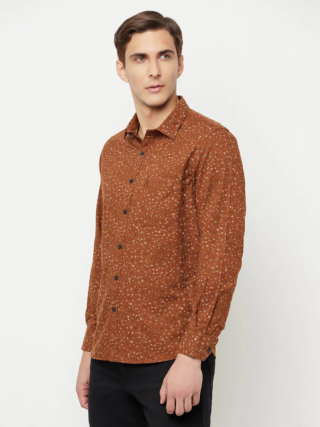 Men's Brown Casual Floral Ditsy Print Full Sleeve Shirt