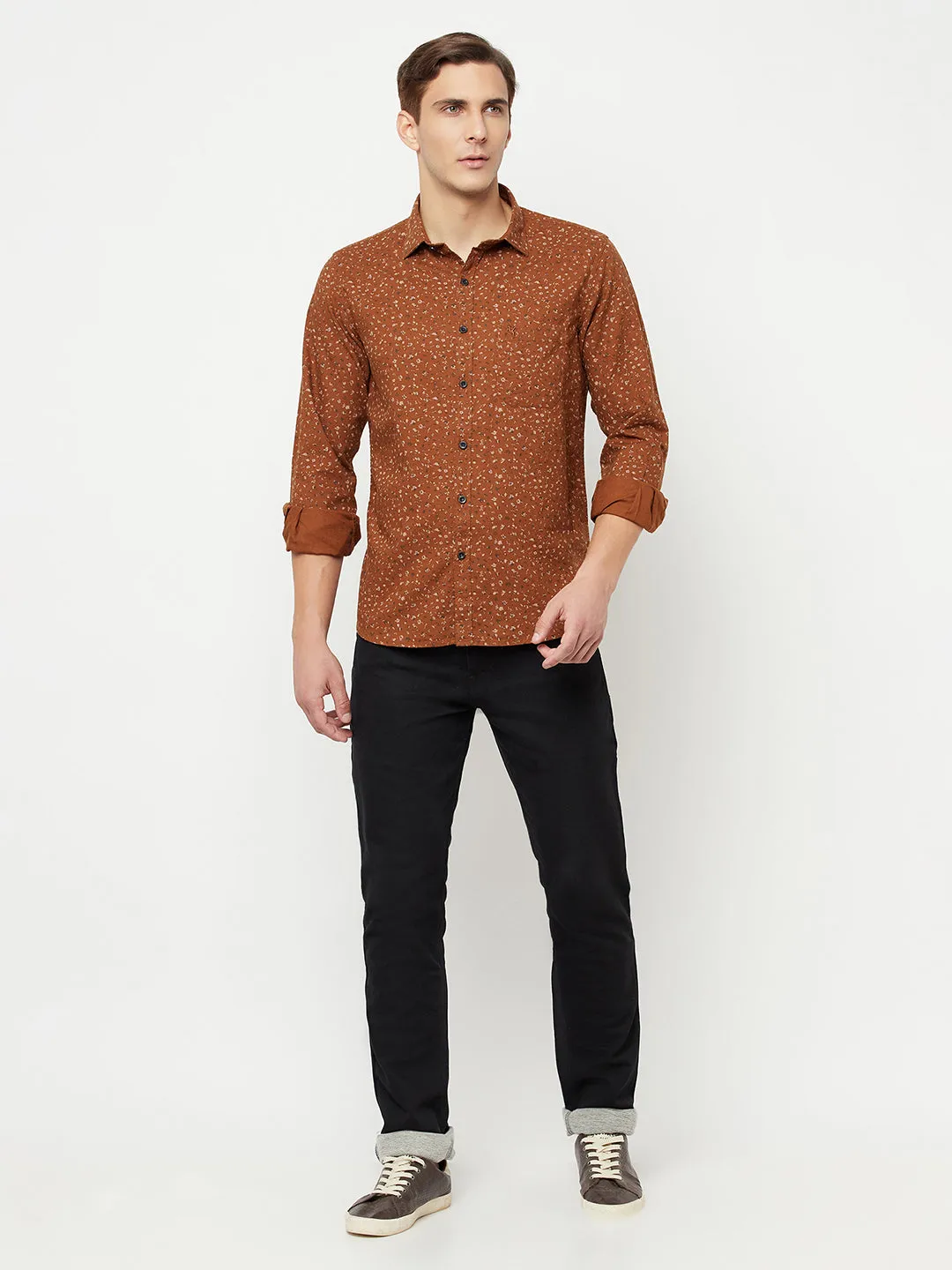 Men's Brown Casual Floral Ditsy Print Full Sleeve Shirt