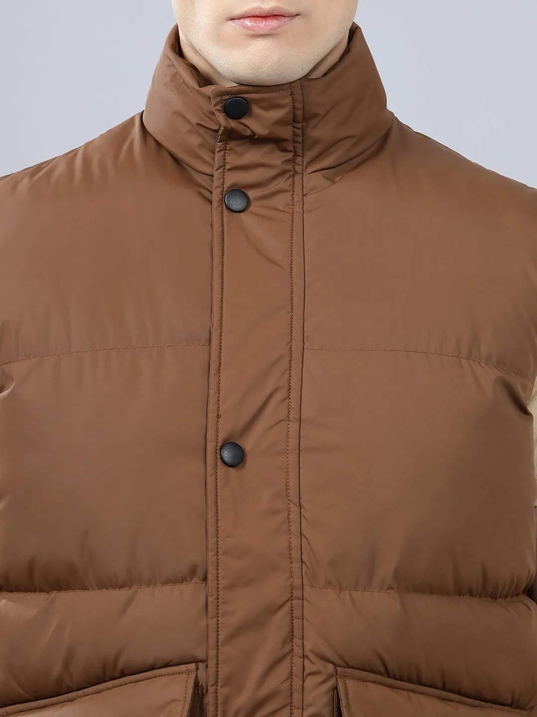 Men's Brown Solid Mock Neck Winter Jacket