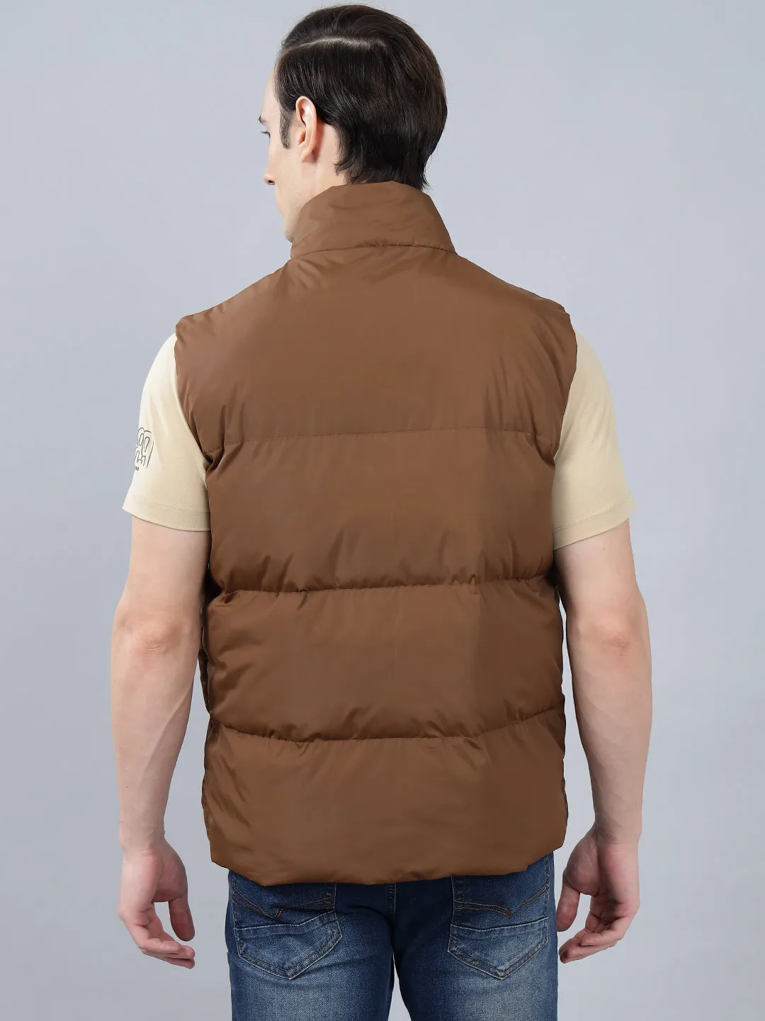 Men's Brown Solid Mock Neck Winter Jacket