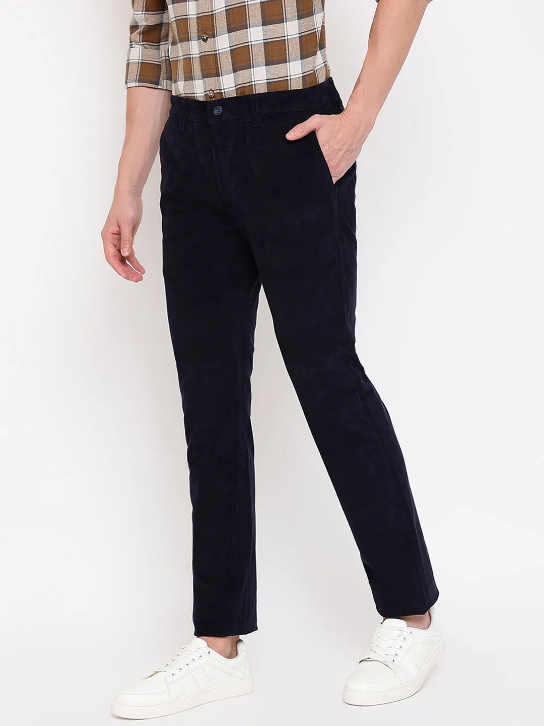 Men's Casual Flat front Navy Blue Corduroy Trousers