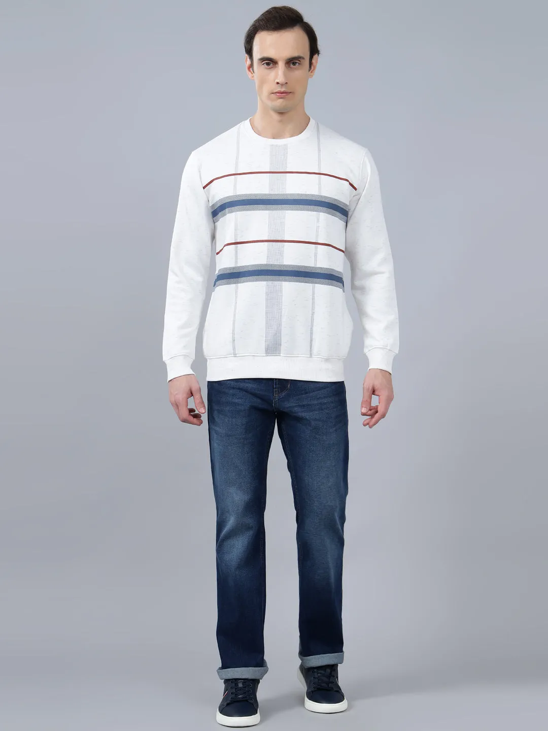 Men's Checkered White Round Neck Sweatshirt