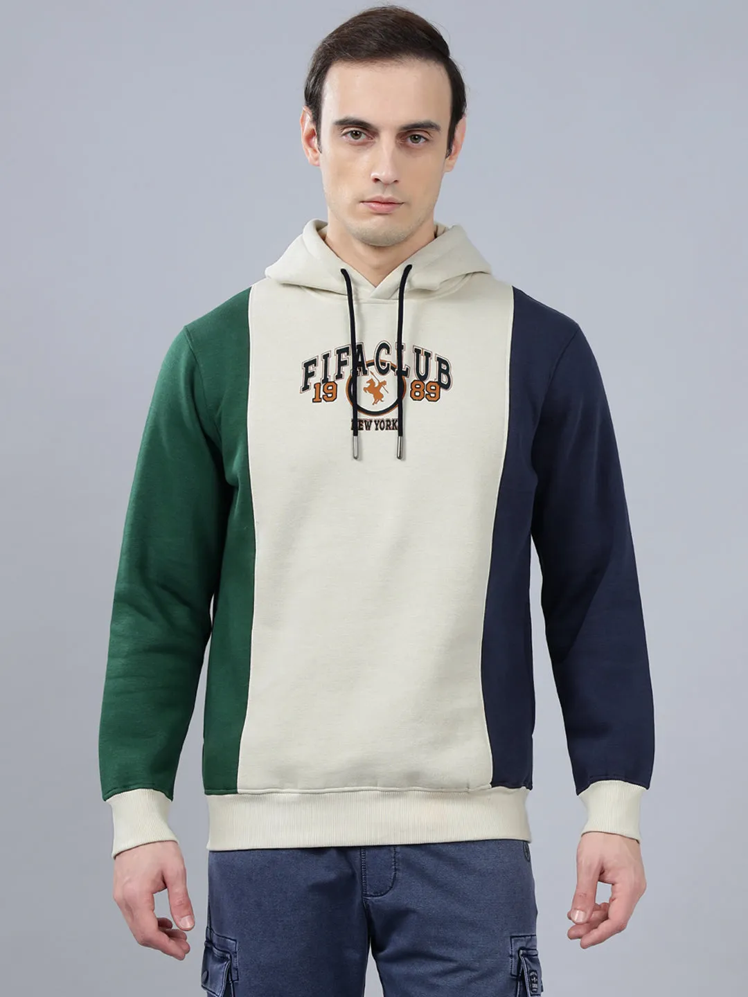 Men's Color Block Beige Hoody Neck Sweatshirt