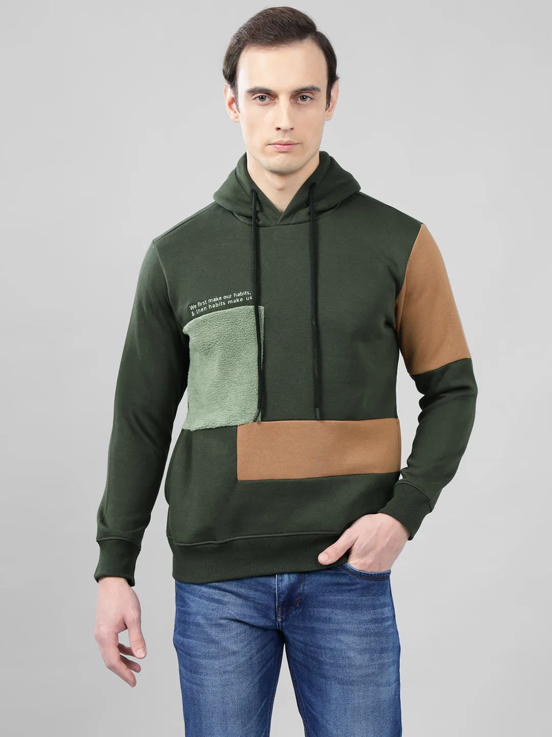 Men's Color Block Olive Green Hoody Neck Sweatshirt