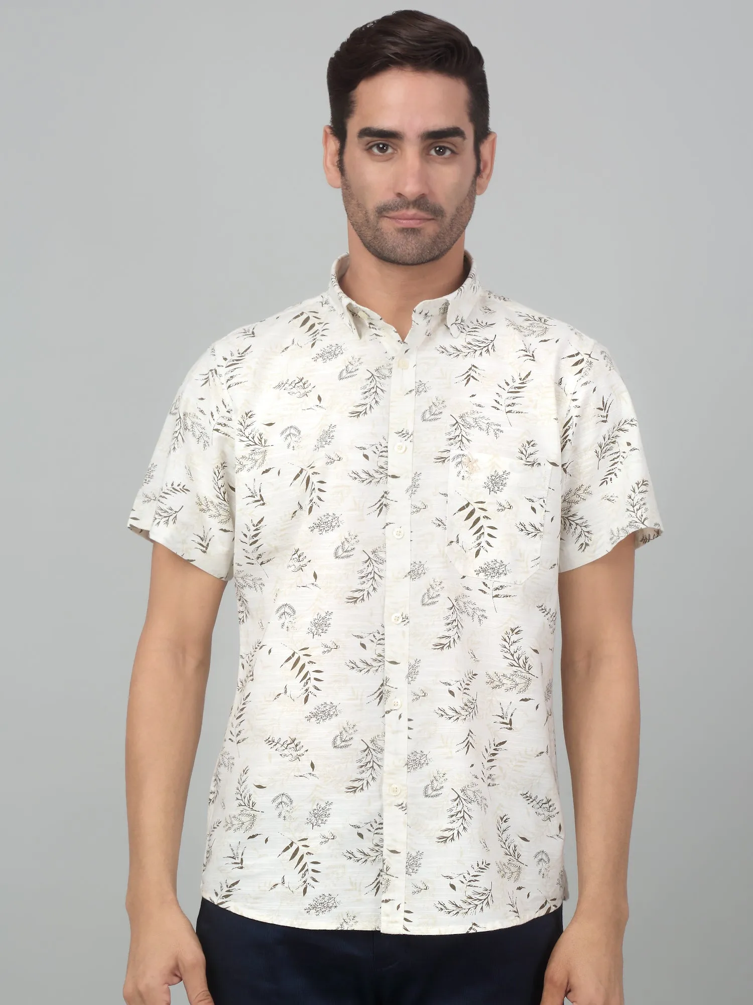 Men's Cream Casual Floral Print Half sleeve Shirt