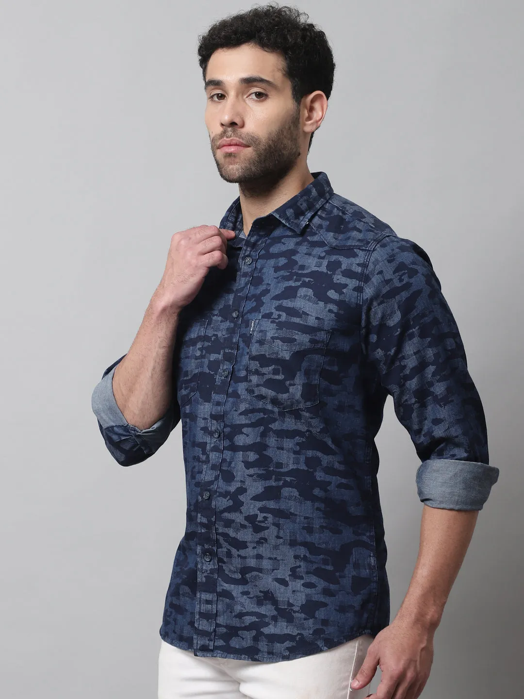 Men's Dark Blue Casual Camouflage Denim Print Full Sleeve Shirt