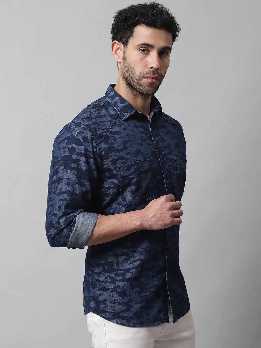 Men's Dark Blue Casual Camouflage Denim Print Full Sleeve Shirt