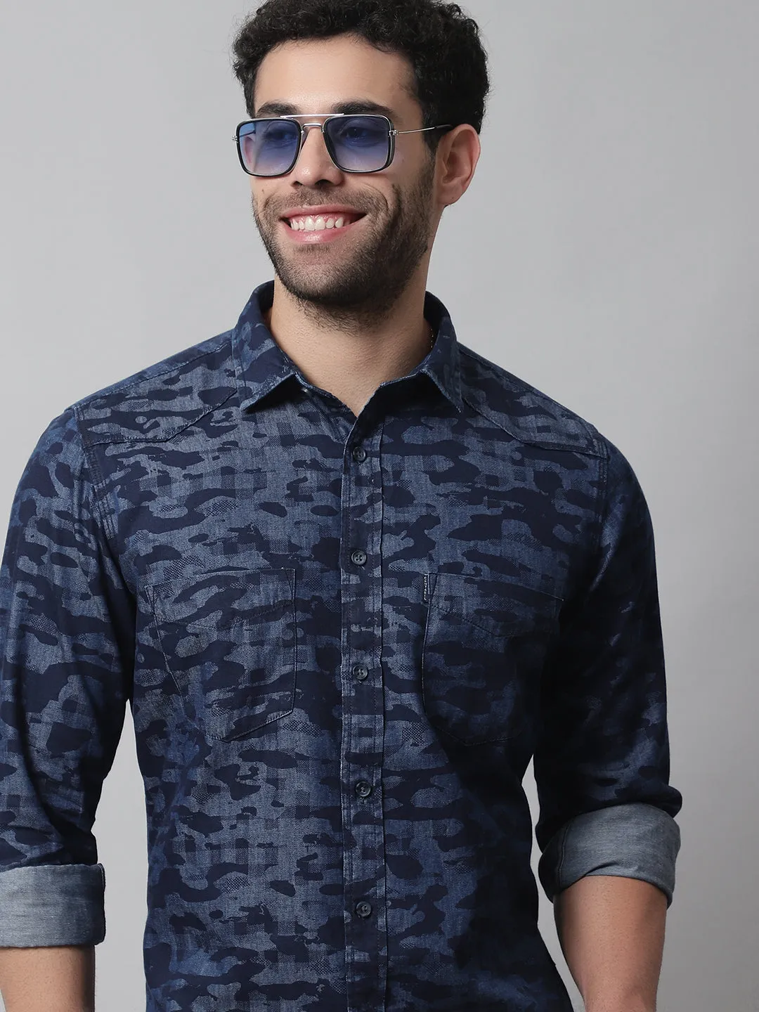 Men's Dark Blue Casual Camouflage Denim Print Full Sleeve Shirt