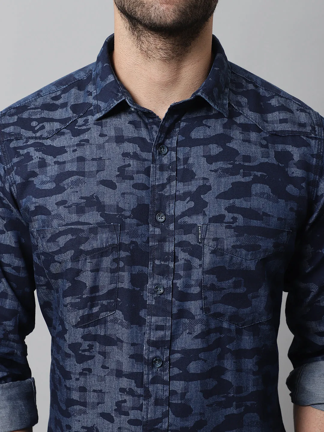 Men's Dark Blue Casual Camouflage Denim Print Full Sleeve Shirt