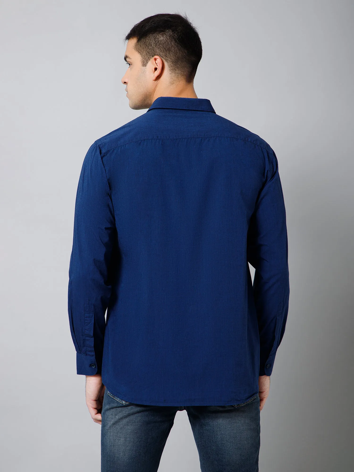 Men's Dark Blue Casual Fil a Fil Plain Full Sleeve Shirt