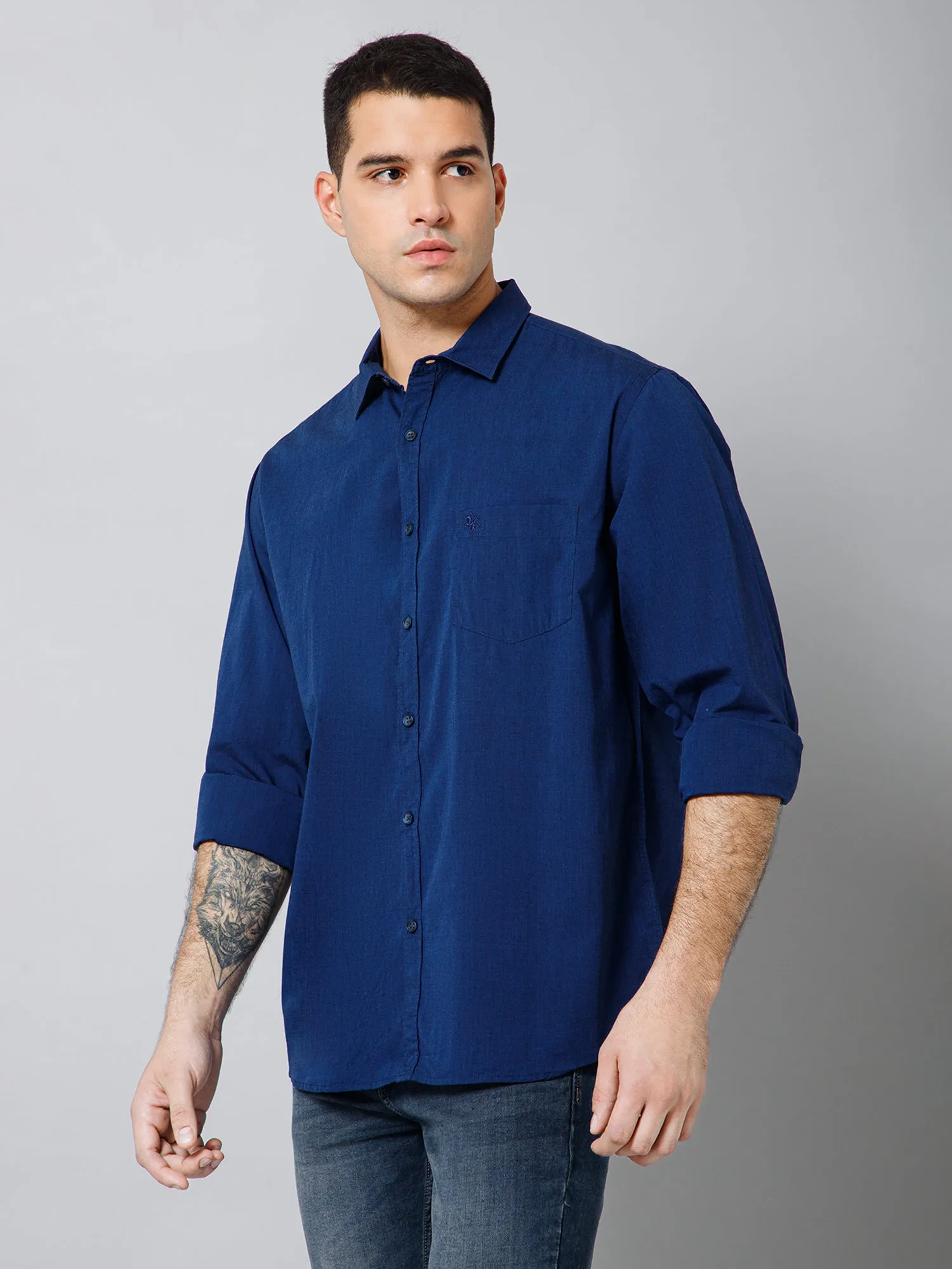 Men's Dark Blue Casual Fil a Fil Plain Full Sleeve Shirt