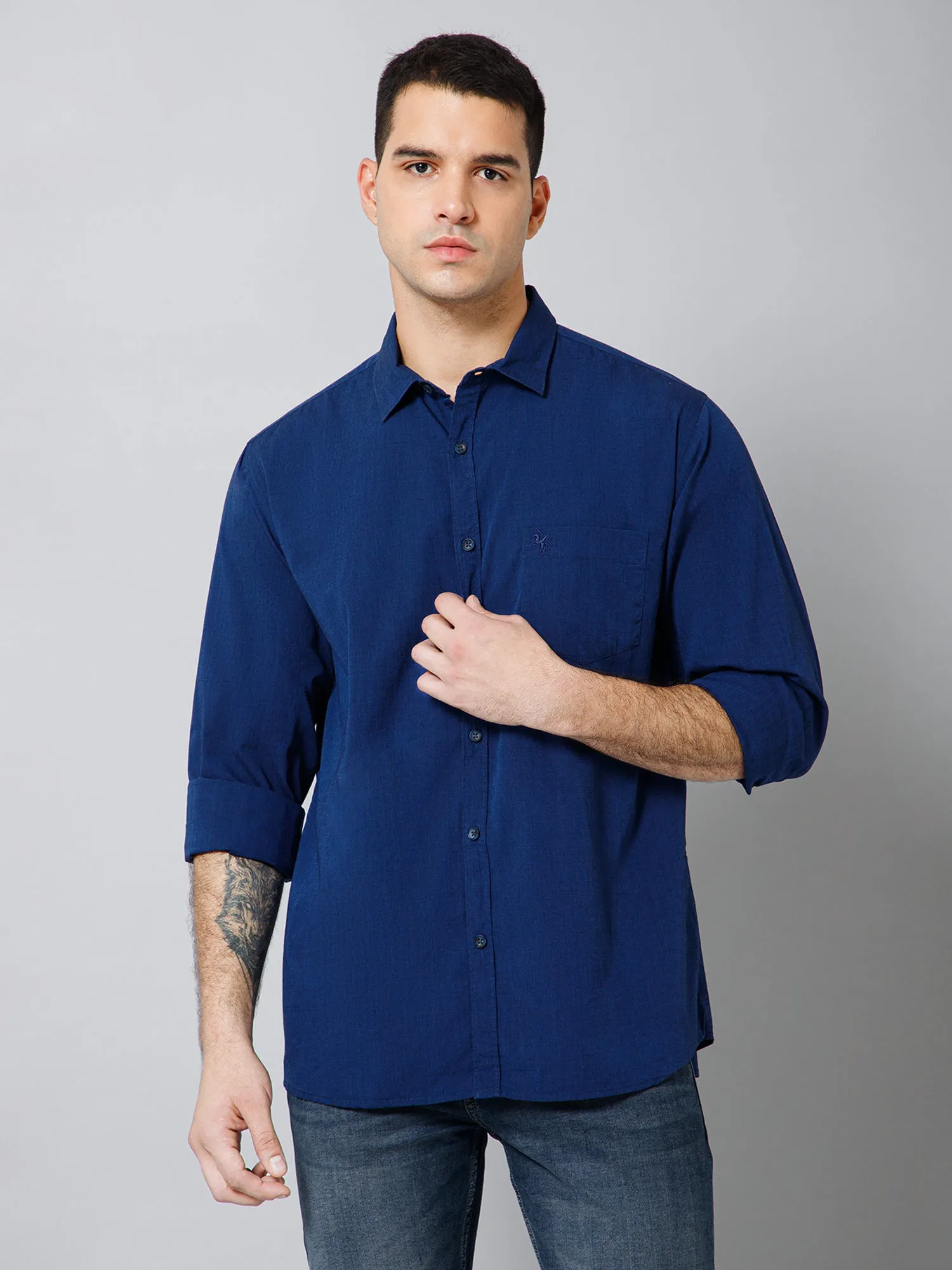 Men's Dark Blue Casual Fil a Fil Plain Full Sleeve Shirt