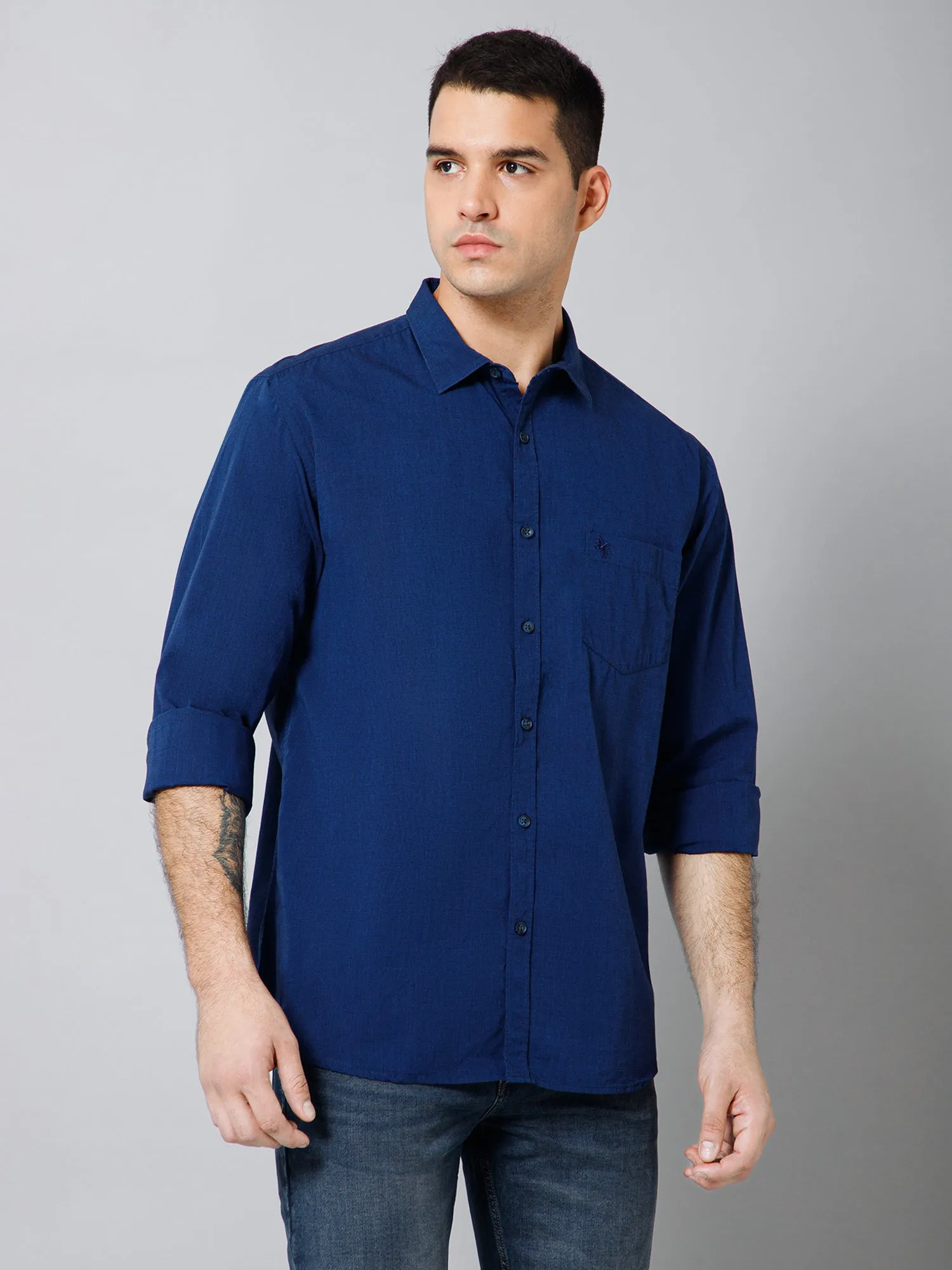 Men's Dark Blue Casual Fil a Fil Plain Full Sleeve Shirt