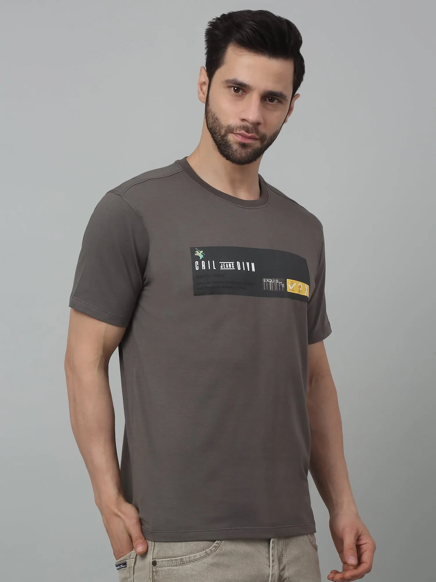 Men's Dark   Grey Round neck Half Sleeve T-Shirt with Print