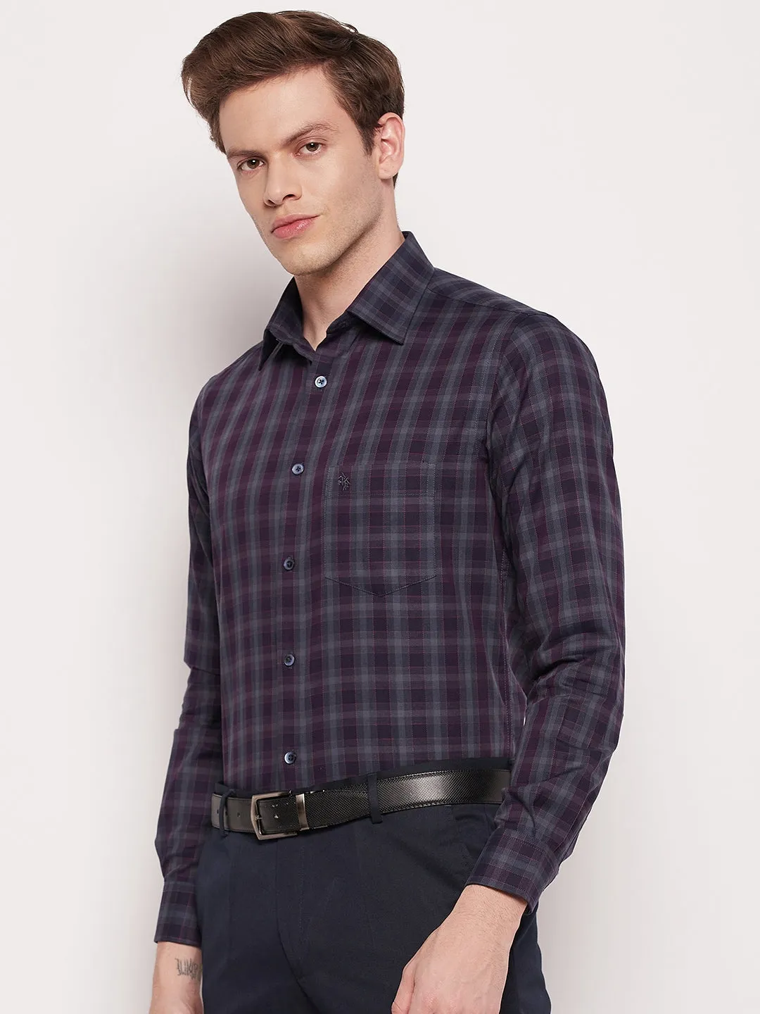 Men's Dark Purple Party Medium Checks Full Sleeve Shirt