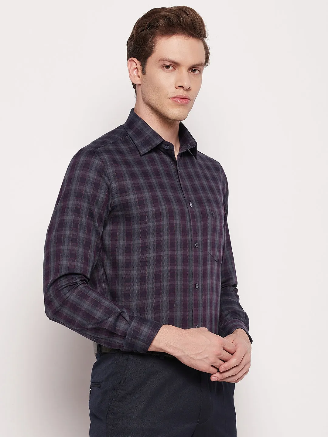 Men's Dark Purple Party Medium Checks Full Sleeve Shirt