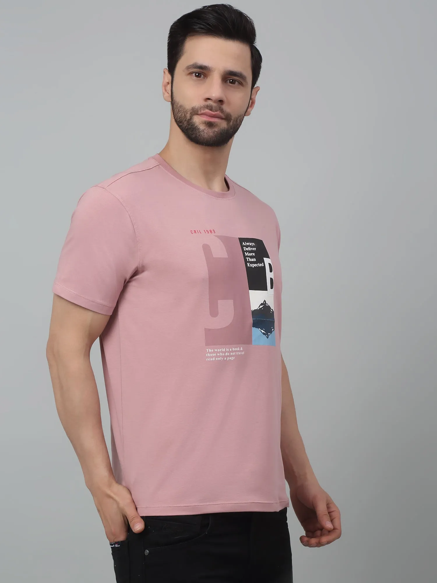 Men's Dusty Pink Round neck Half Sleeve T-Shirt with Print