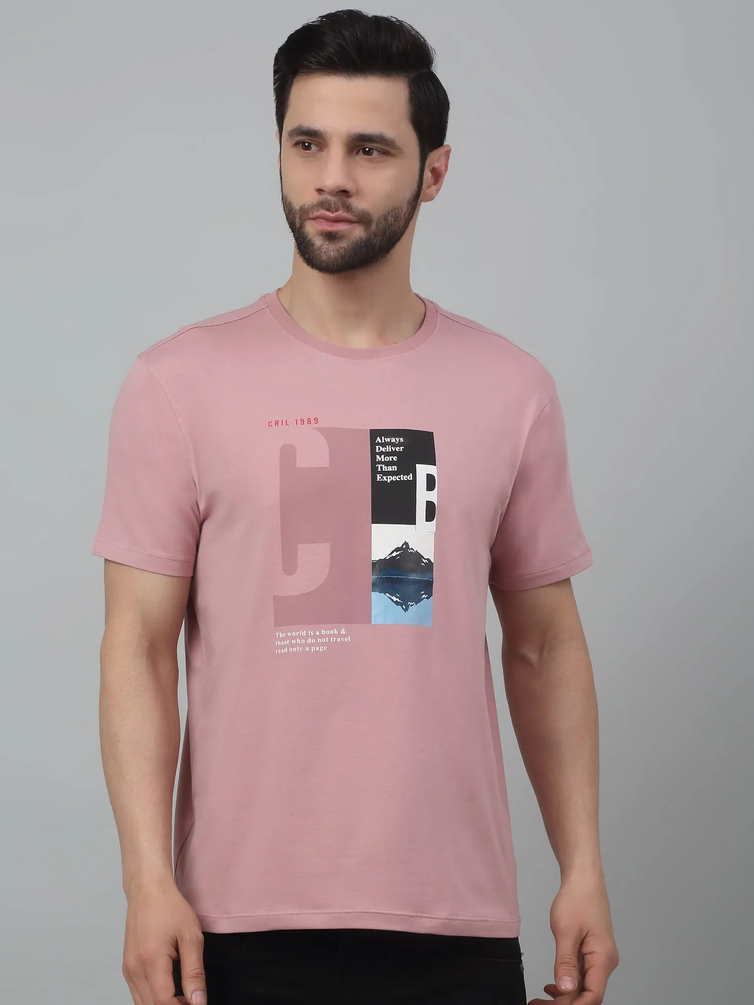 Men's Dusty Pink Round neck Half Sleeve T-Shirt with Print