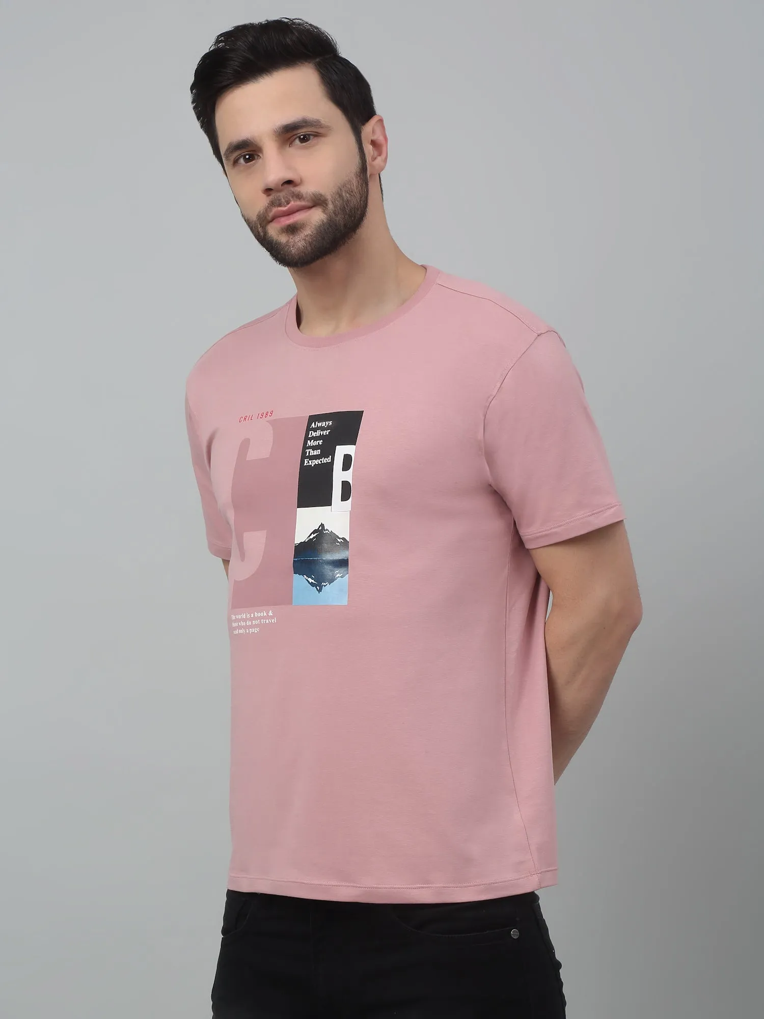 Men's Dusty Pink Round neck Half Sleeve T-Shirt with Print