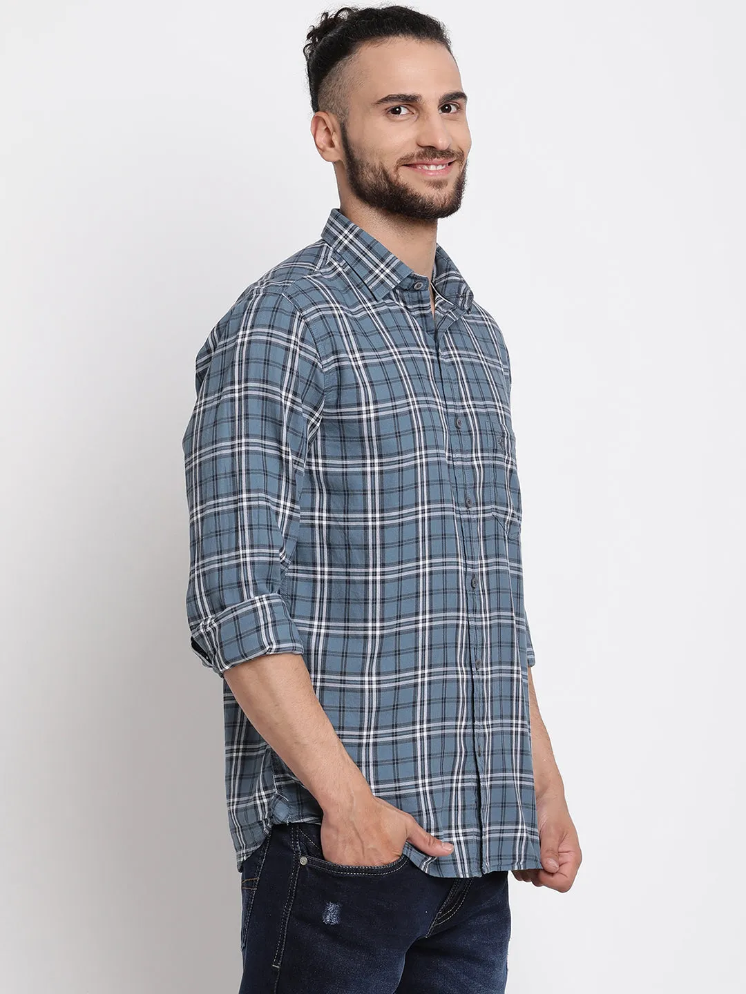 Men's Grey Casual Big Checks Full Sleeve Shirt