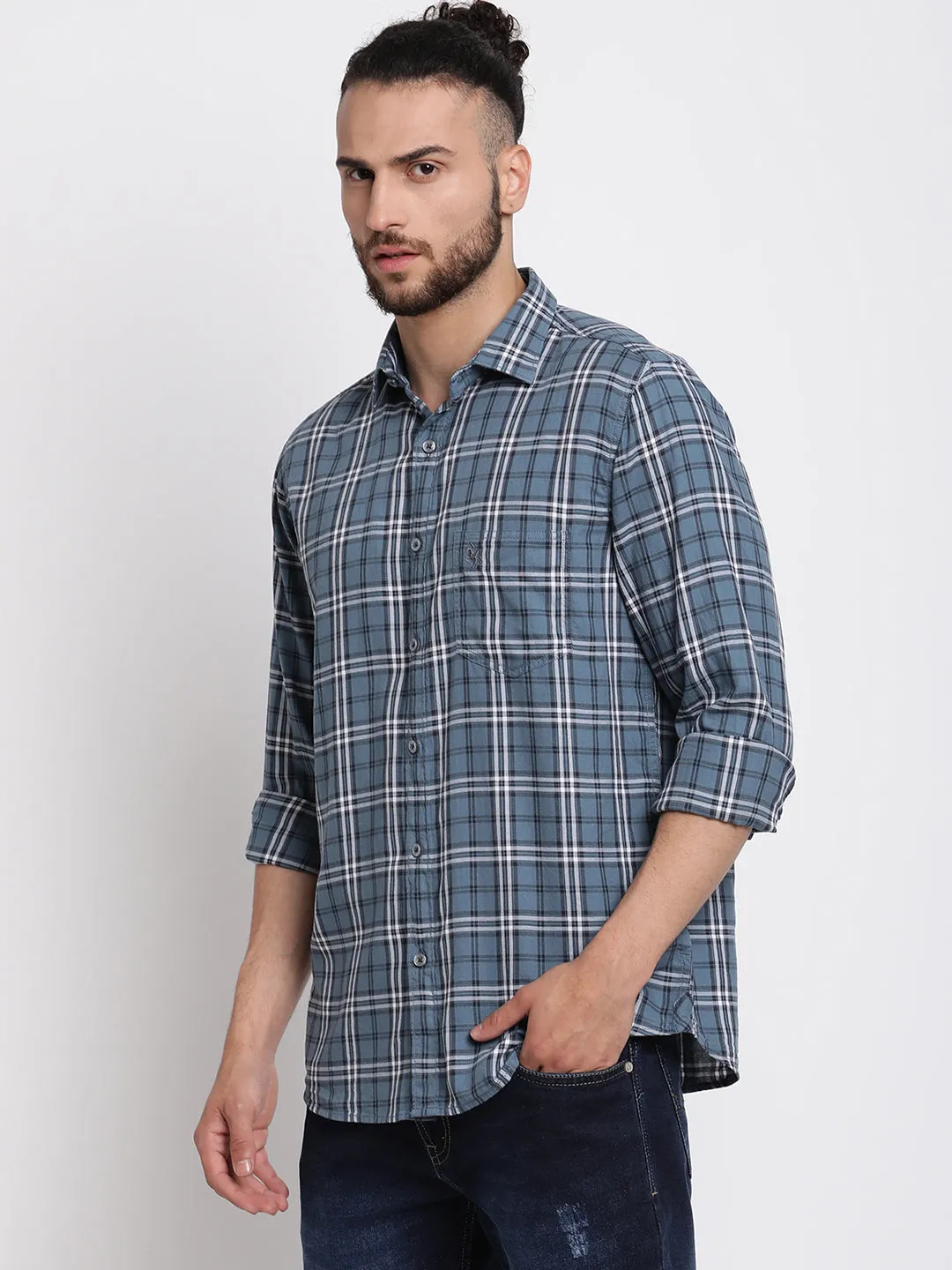 Men's Grey Casual Big Checks Full Sleeve Shirt