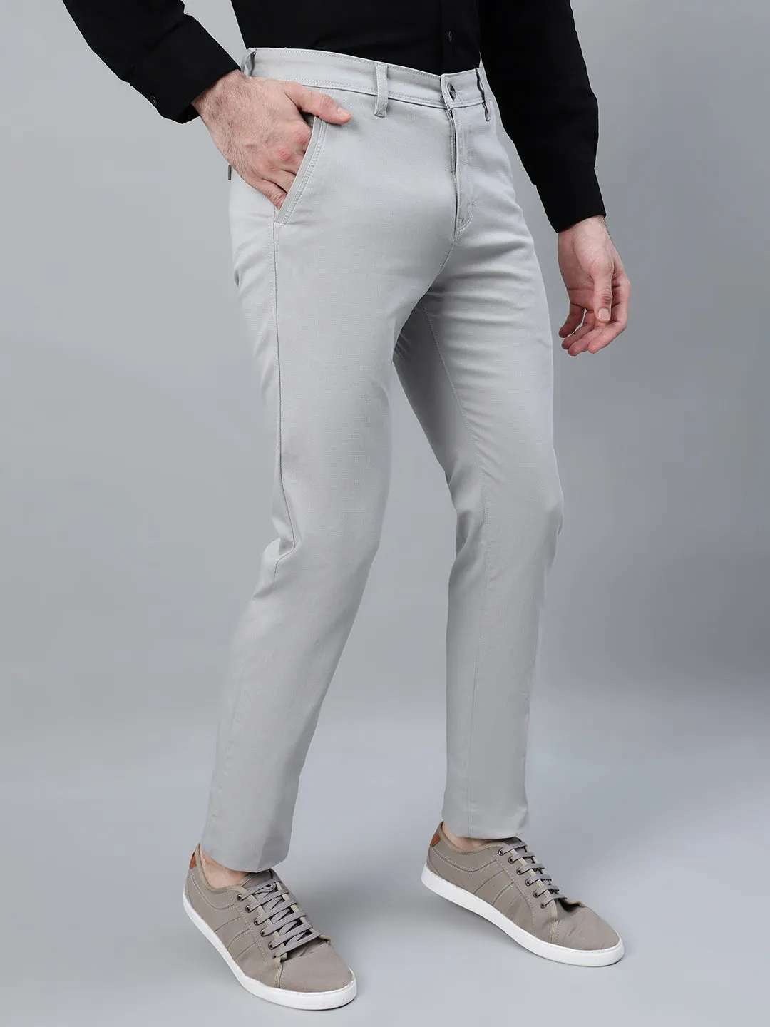 Men's Grey Self Design Non-Pleated Casual Trouser