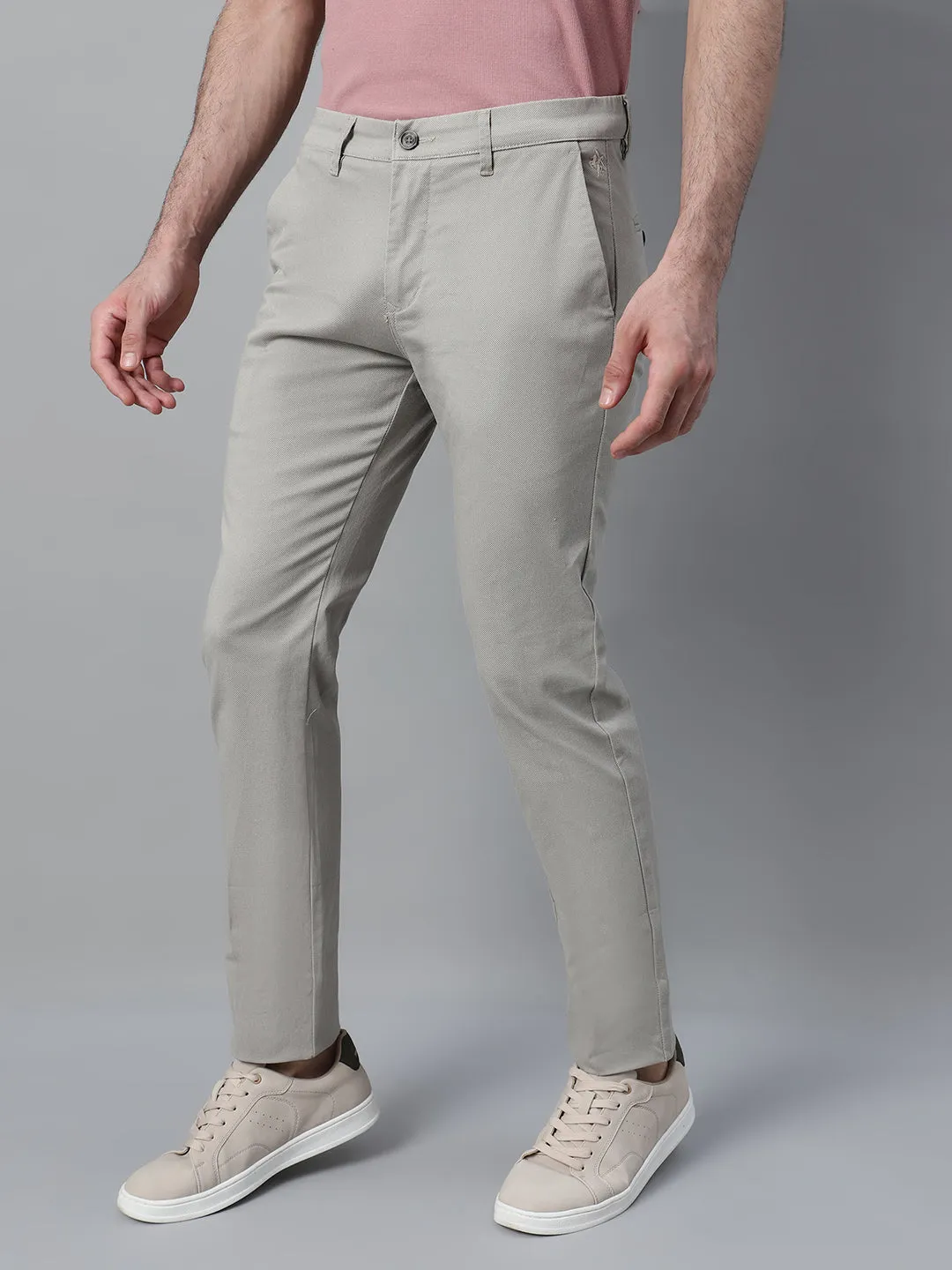 Men's Ivory Self Design Non-Pleated Stretchable Casual Trouser