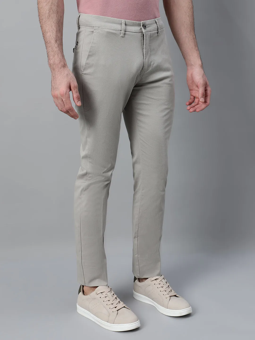 Men's Ivory Self Design Non-Pleated Stretchable Casual Trouser