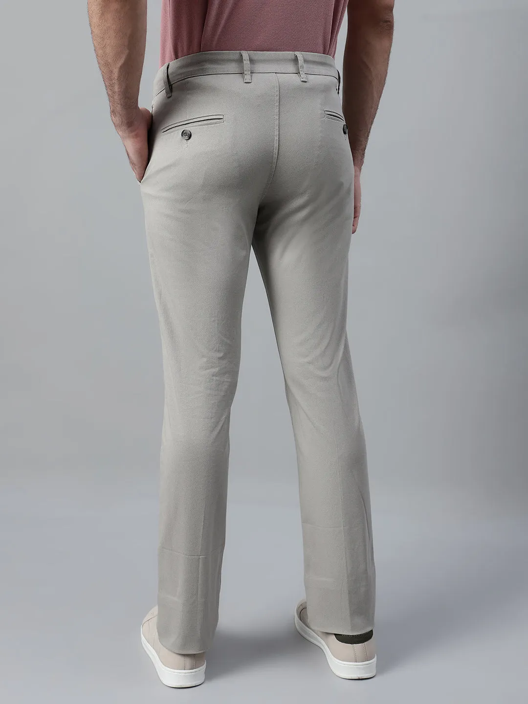 Men's Ivory Self Design Non-Pleated Stretchable Casual Trouser