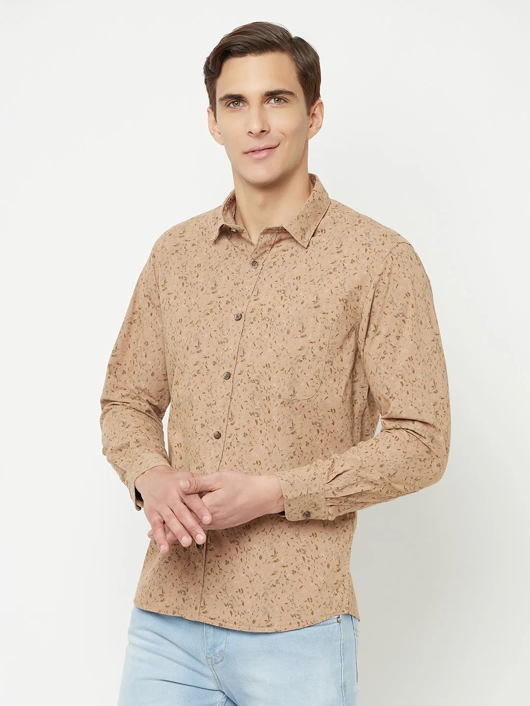 Men's Khaki Casual Ditsy Print Full Sleeve Shirt