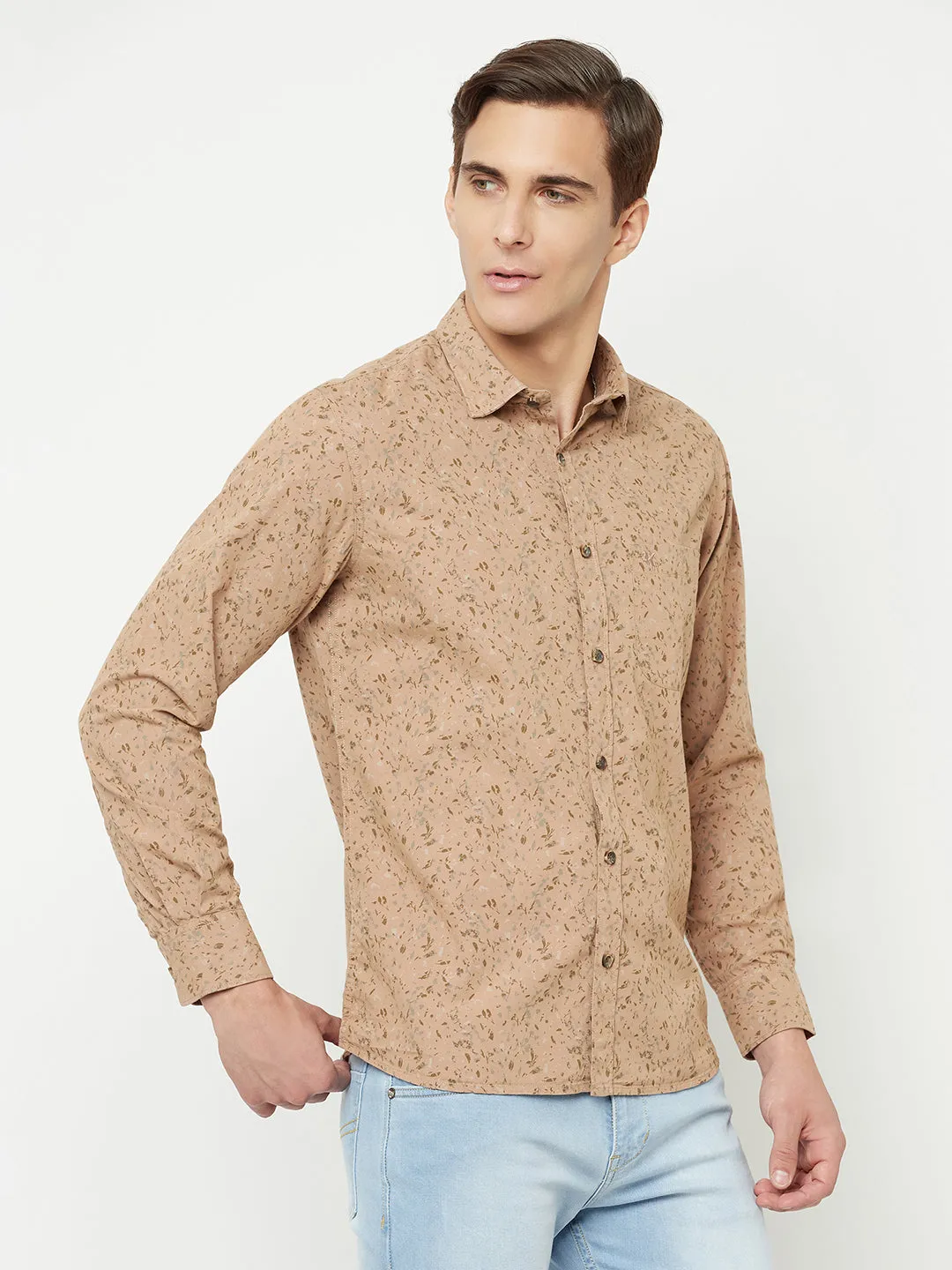 Men's Khaki Casual Ditsy Print Full Sleeve Shirt