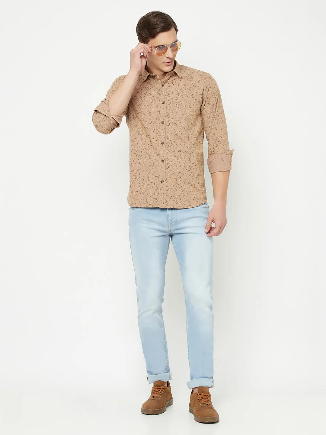 Men's Khaki Casual Ditsy Print Full Sleeve Shirt