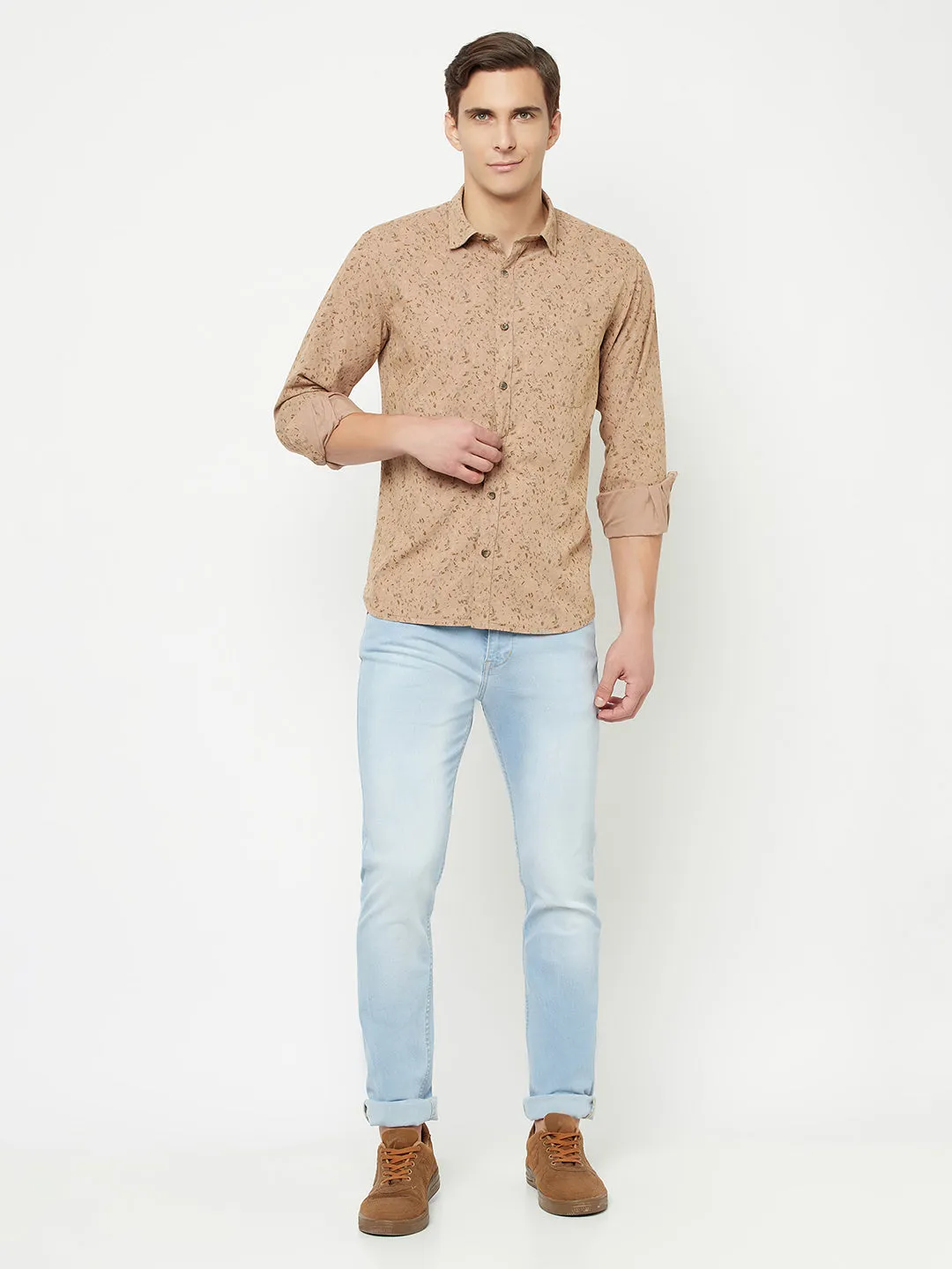 Men's Khaki Casual Ditsy Print Full Sleeve Shirt