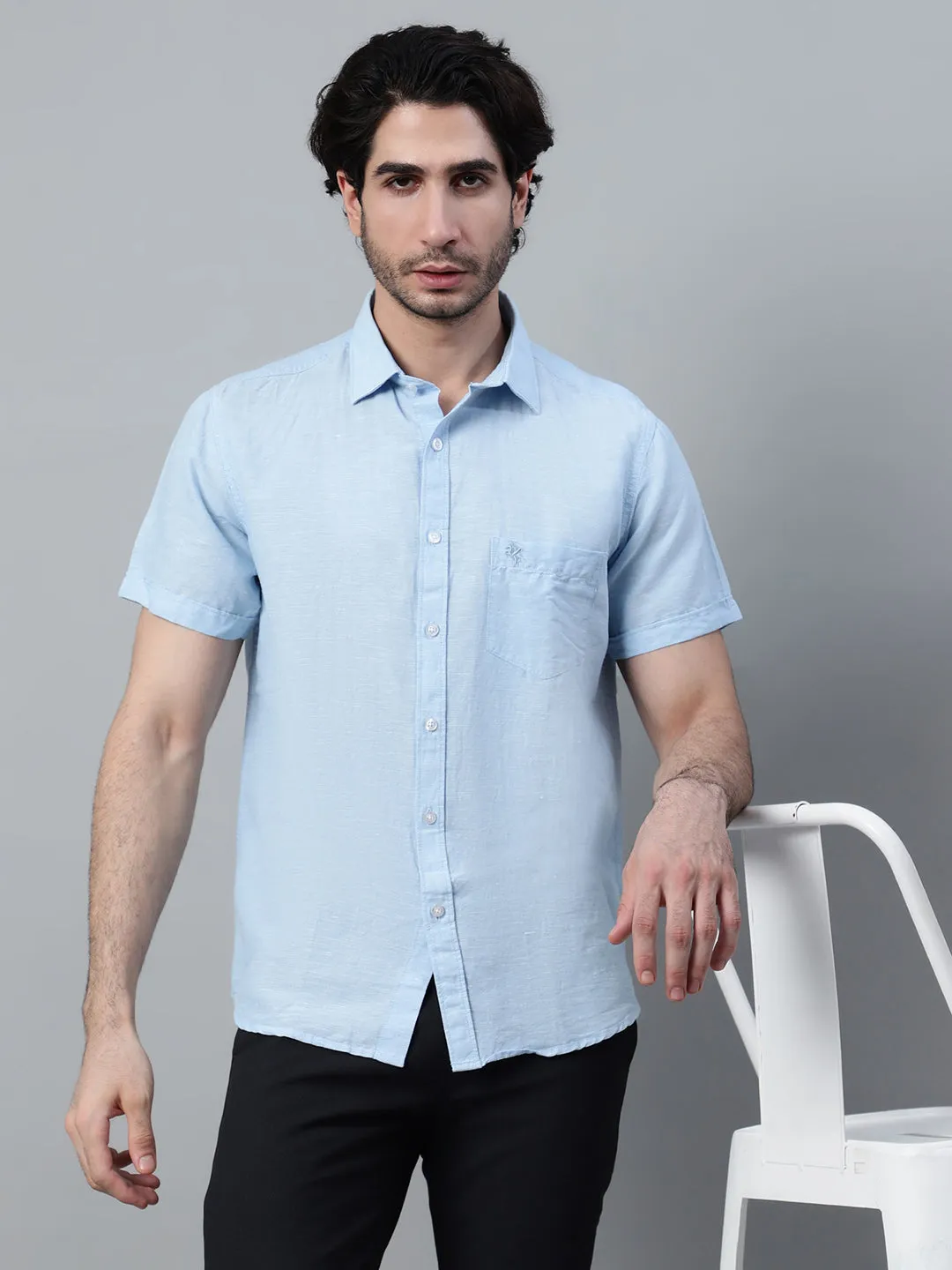 Men's Light Blue Casual Plain Half Sleeve Shirt