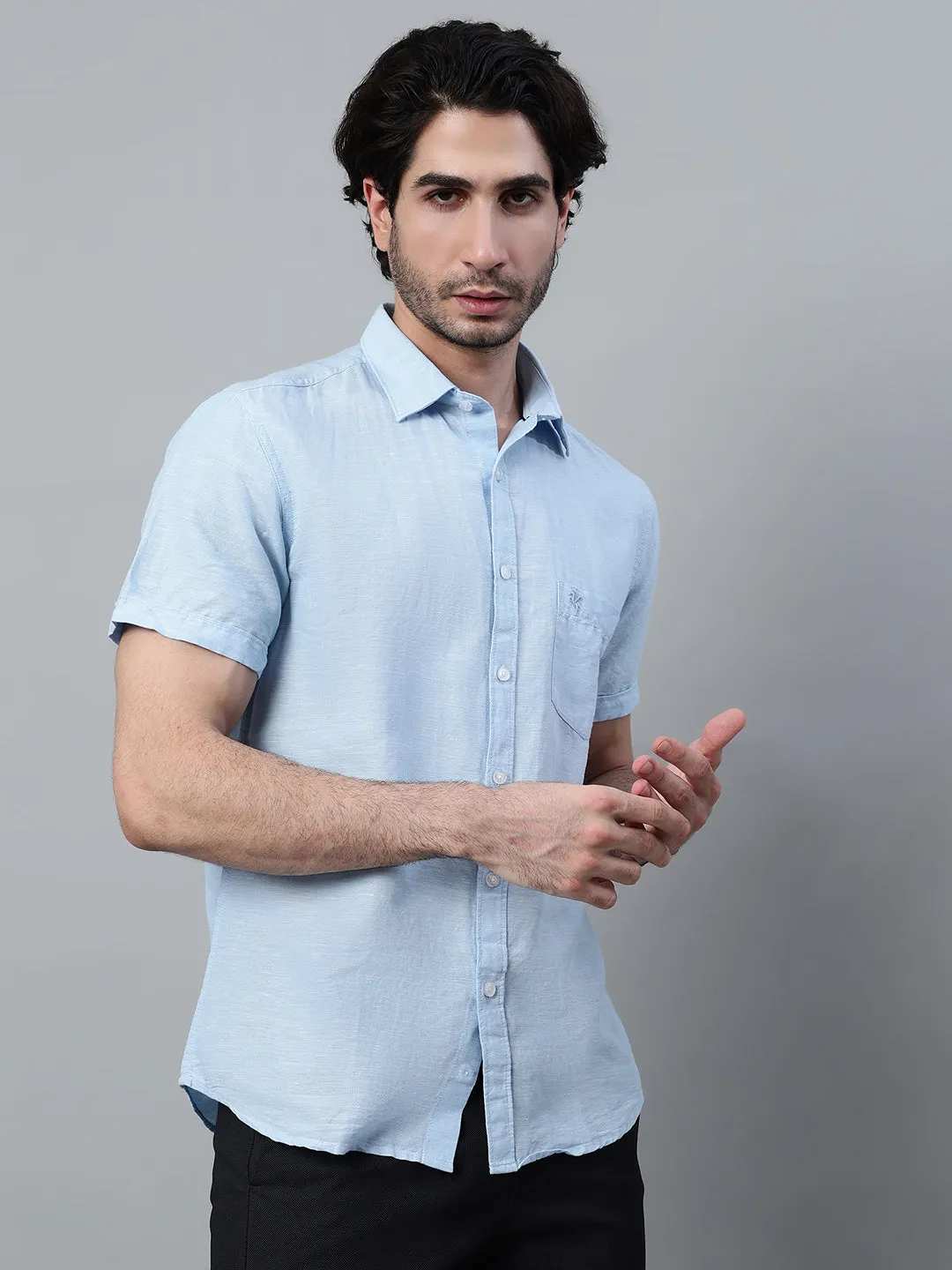 Men's Light Blue Casual Plain Half Sleeve Shirt