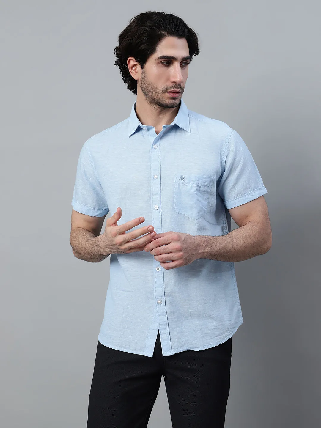 Men's Light Blue Casual Plain Half Sleeve Shirt