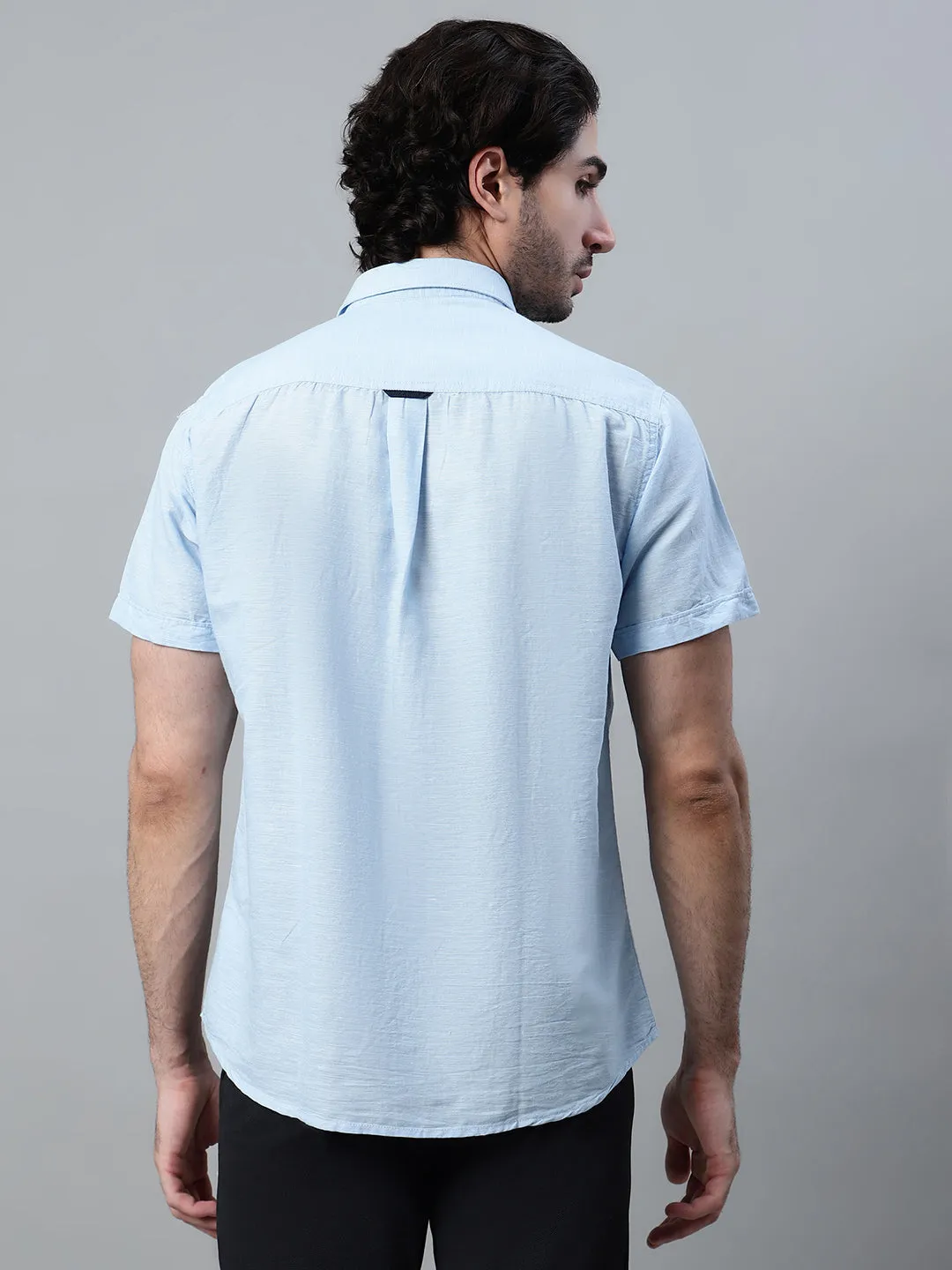 Men's Light Blue Casual Plain Half Sleeve Shirt