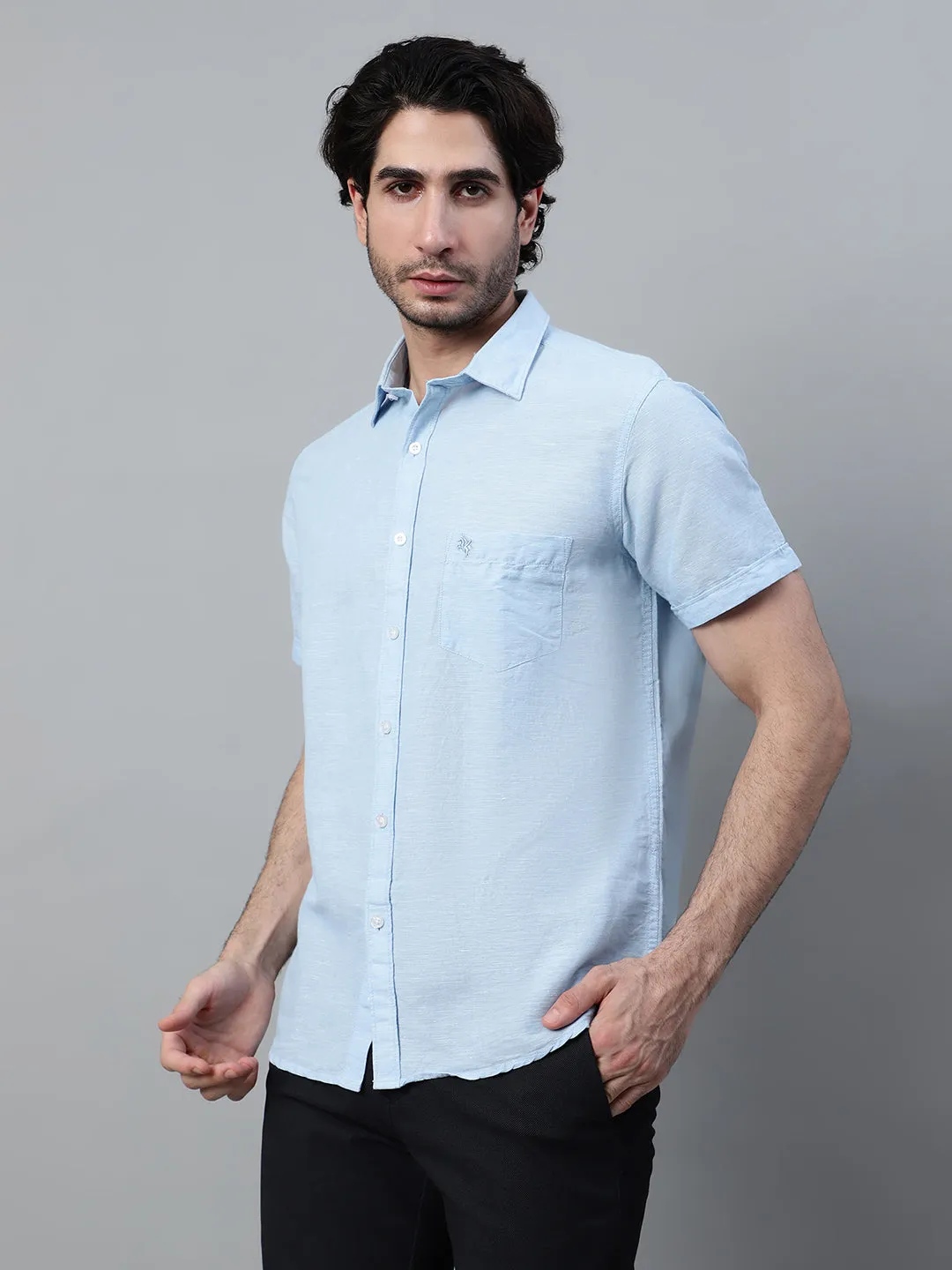 Men's Light Blue Casual Plain Half Sleeve Shirt