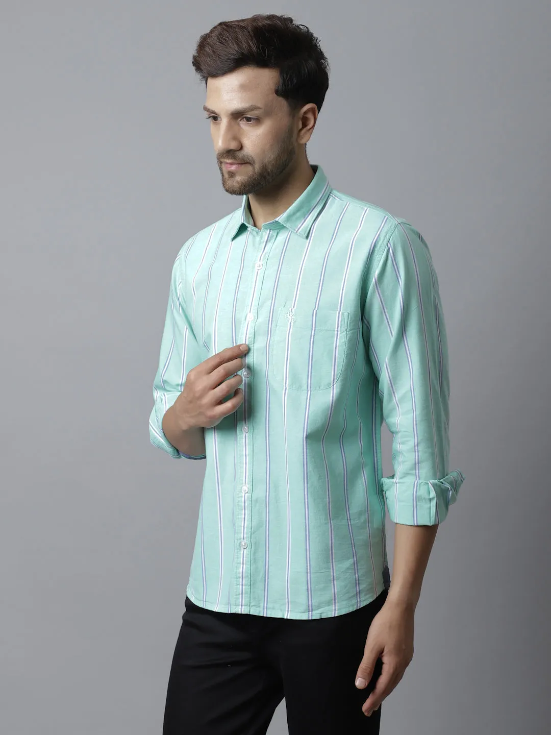 Men's Light Green Casual Broad Stripe Full Sleeve Shirt