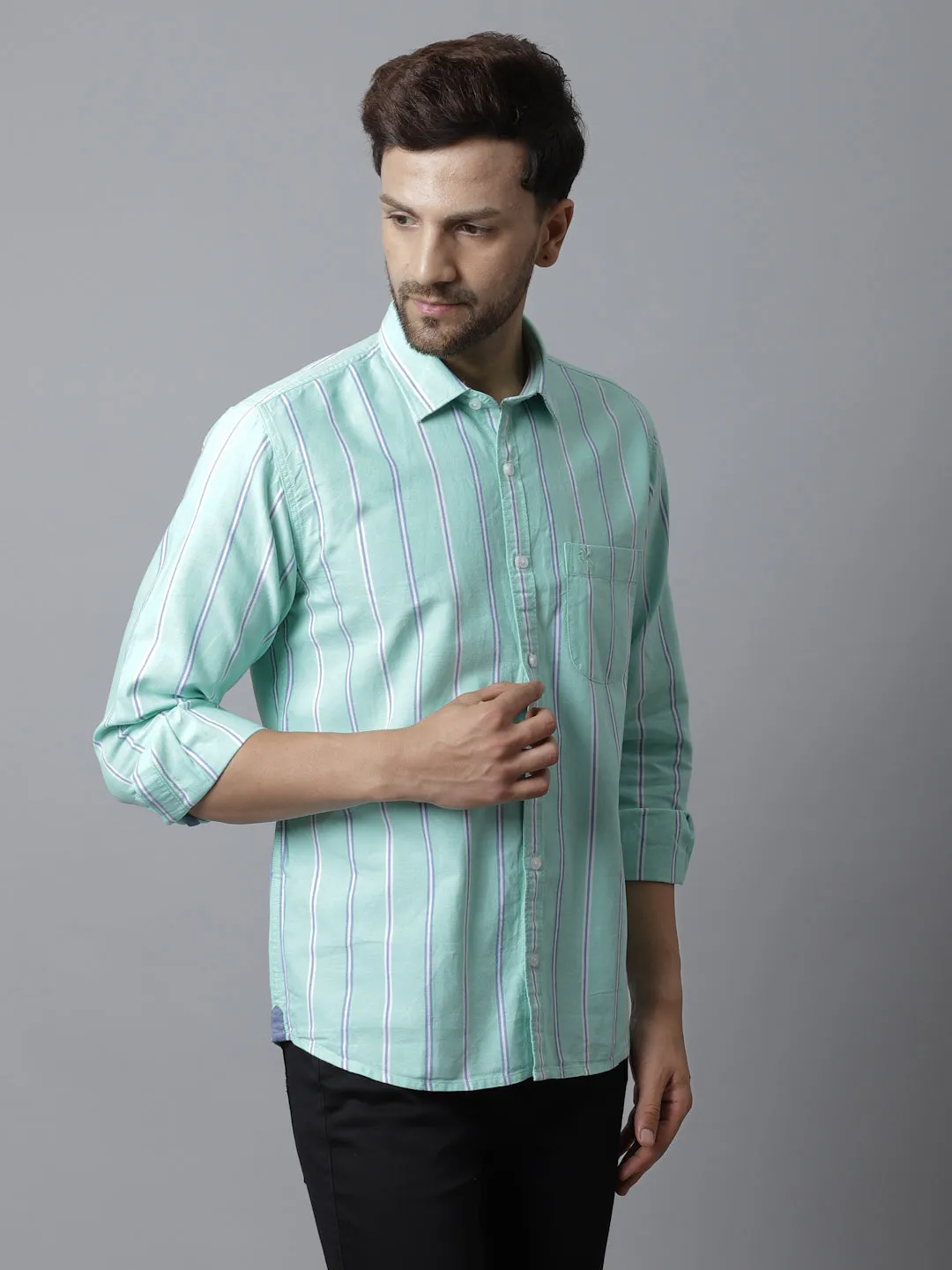 Men's Light Green Casual Broad Stripe Full Sleeve Shirt