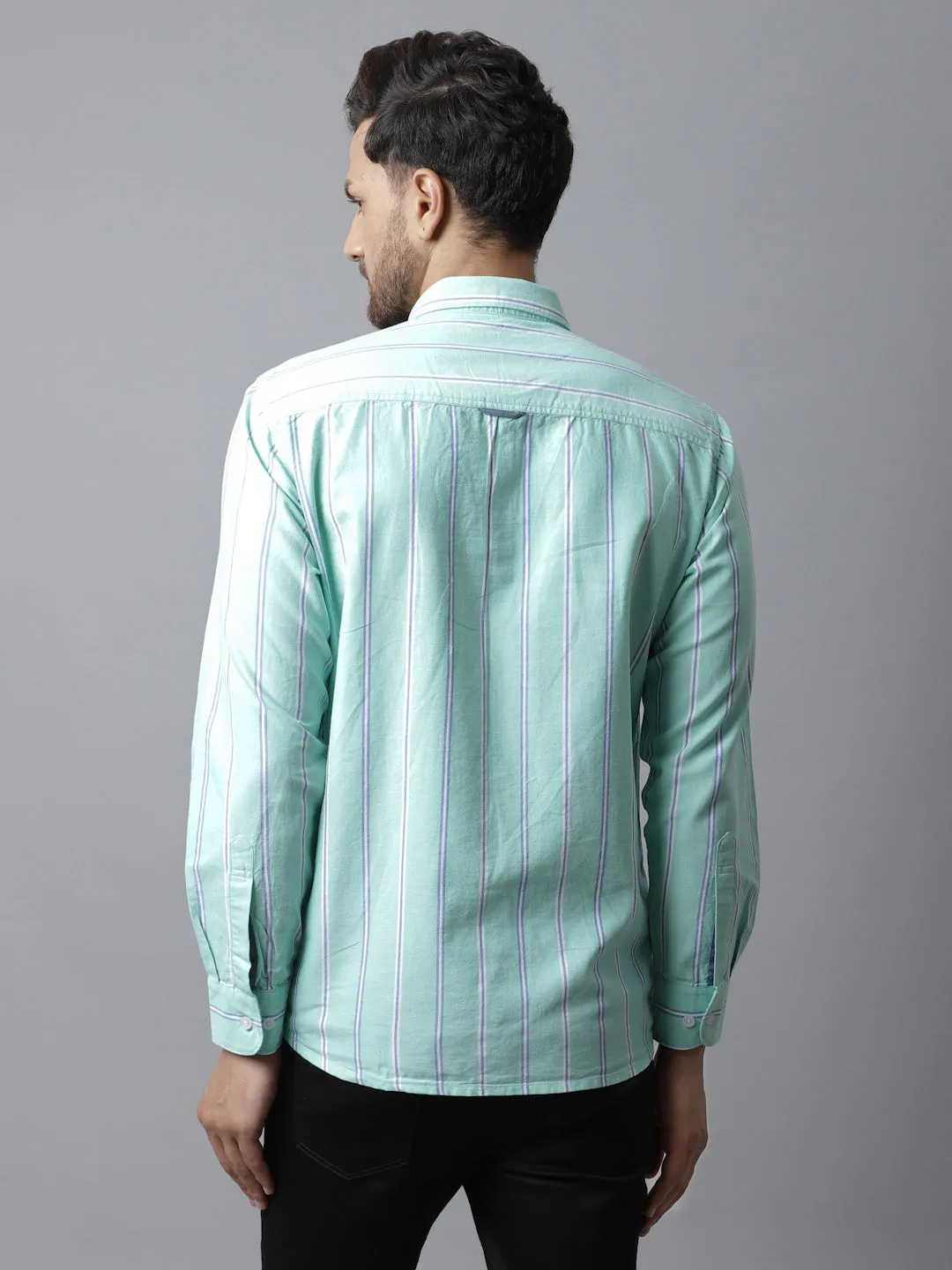 Men's Light Green Casual Broad Stripe Full Sleeve Shirt