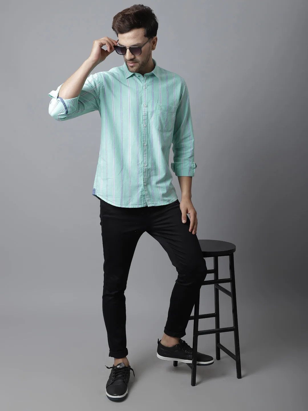 Men's Light Green Casual Broad Stripe Full Sleeve Shirt