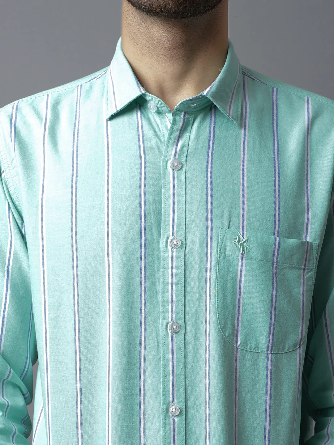 Men's Light Green Casual Broad Stripe Full Sleeve Shirt