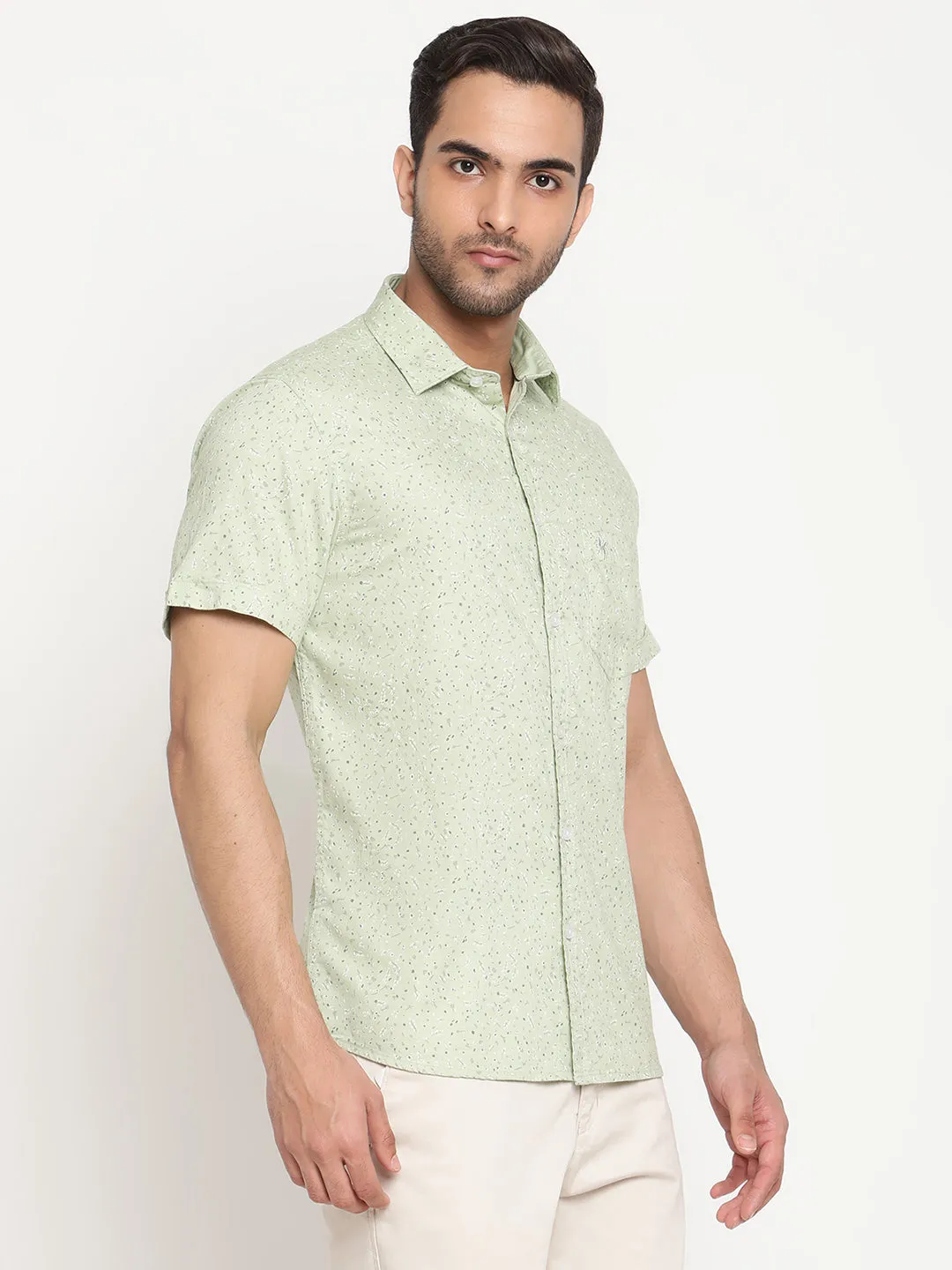 Men's Light Green Casual Ditsy Print Half Sleeve Shirt