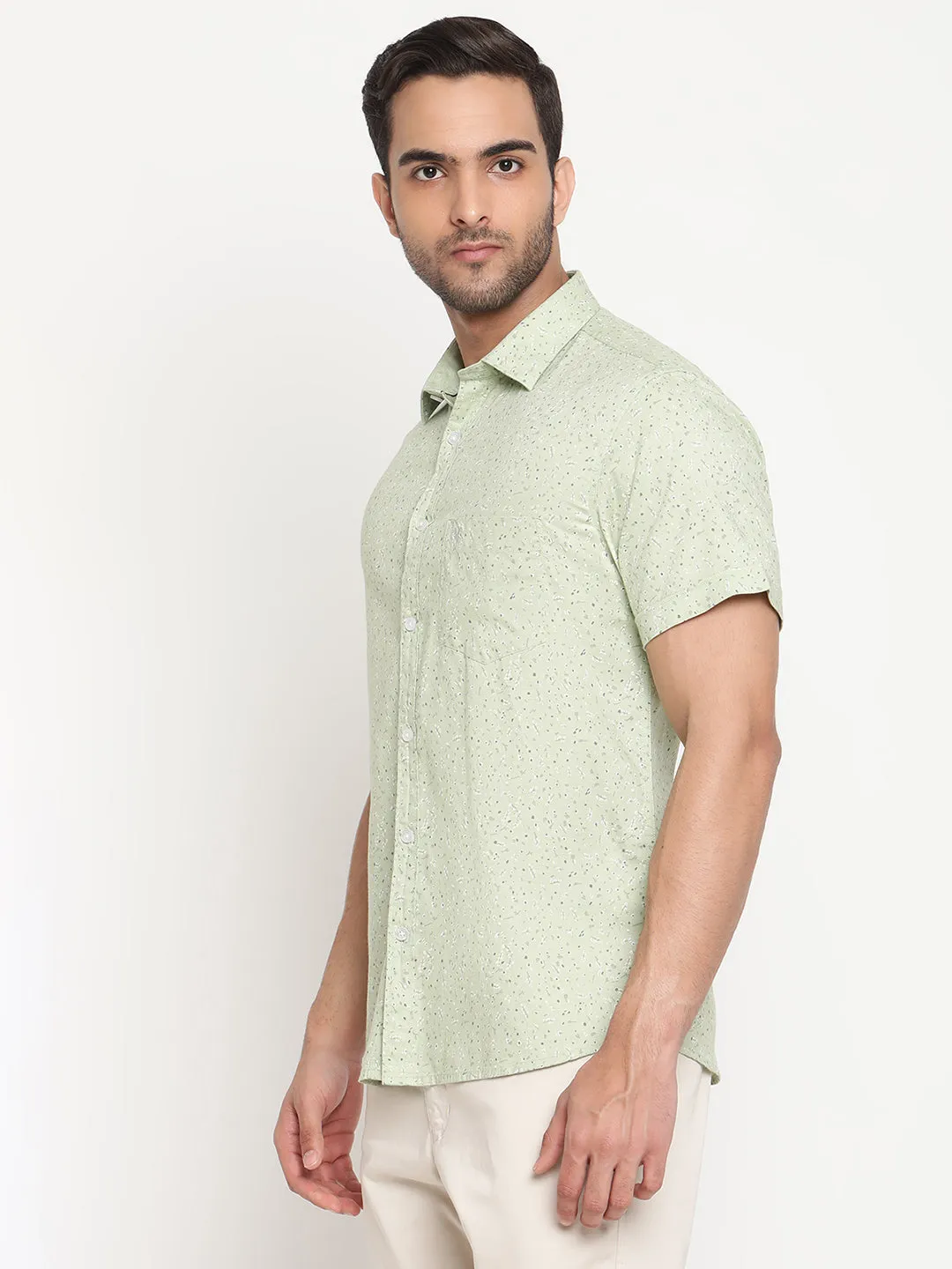 Men's Light Green Casual Ditsy Print Half Sleeve Shirt