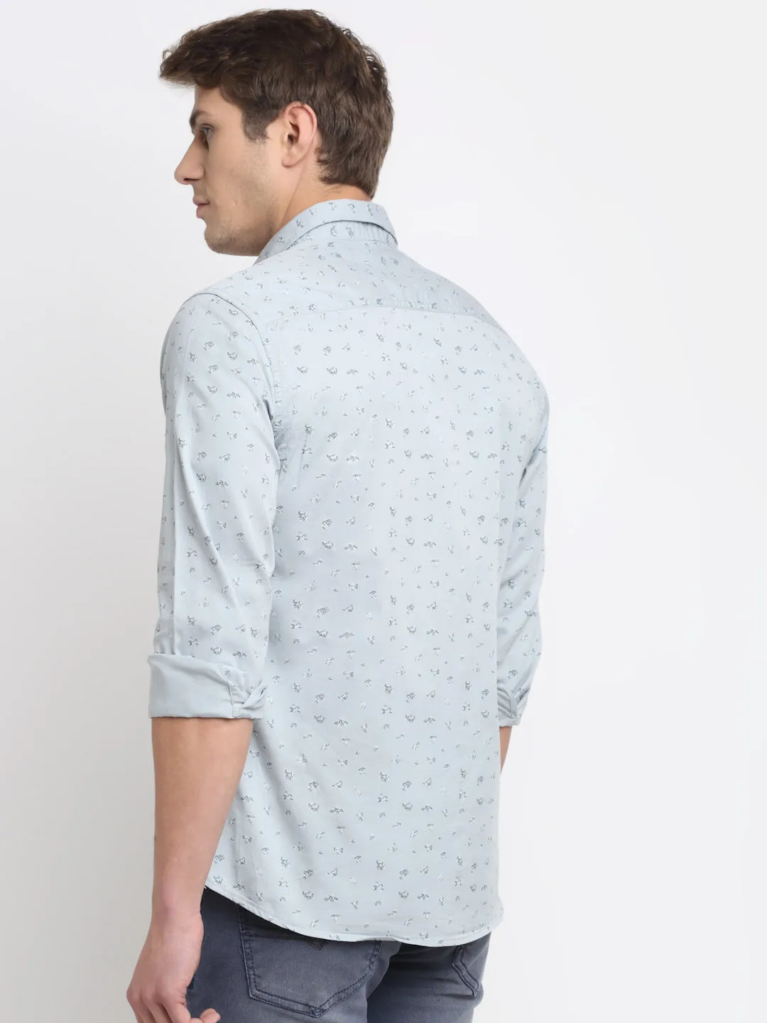 Men's Light Grey Casual Ditsy Print Full Sleeve Shirt