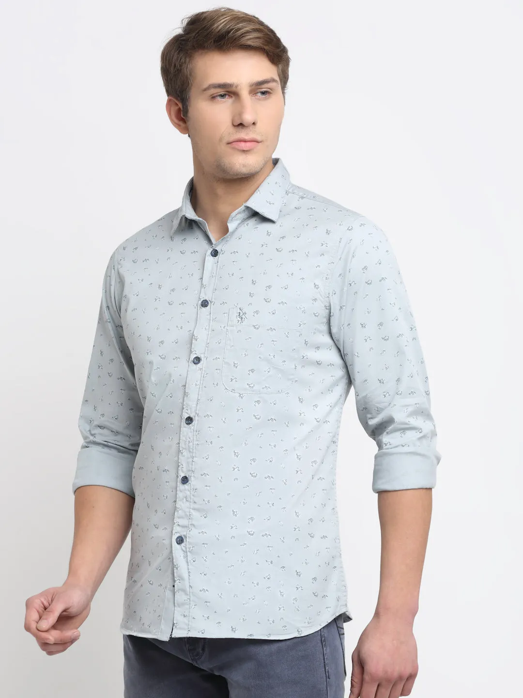 Men's Light Grey Casual Ditsy Print Full Sleeve Shirt